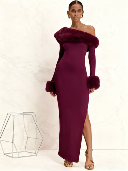 Damen Maxikleid Langarm Schulterfrei mit Fellakzenten
