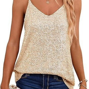 Damen Spaghetti-Trägertop V-Ausschnitt Glitzerdetails Eveloria - Eveloria