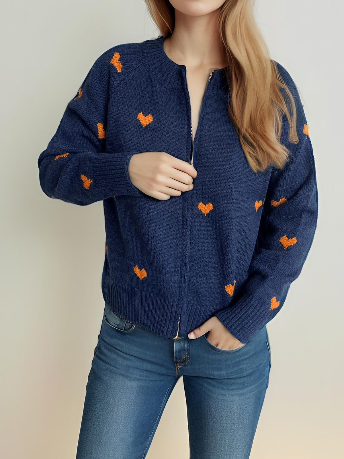 Damen Strickcardigan Herzmuster Reißverschluss Eveloria