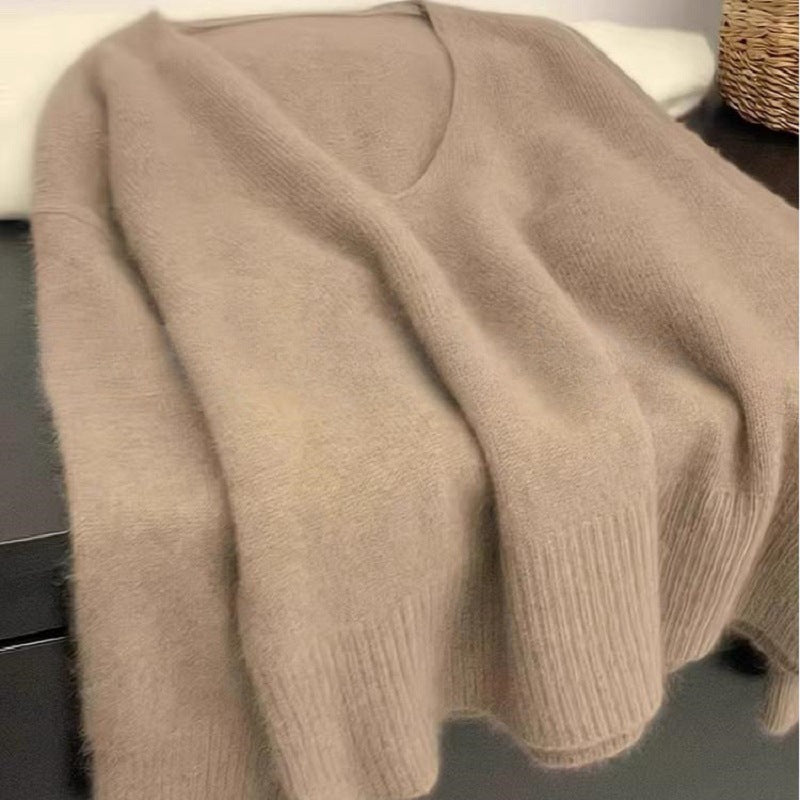 Damen Pullover V-Ausschnitt Rippstruktur Lässig Grau Eveloria