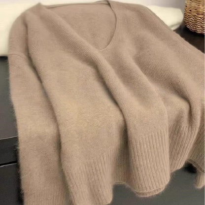Damen Pullover V-Ausschnitt Rippstruktur Lässig Grau Eveloria