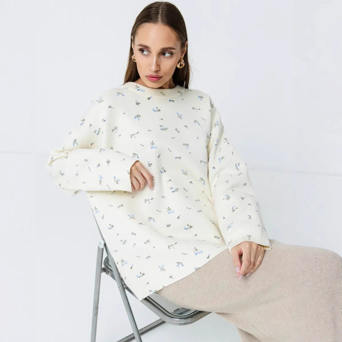 Damen Sweatpullover Oversized Floralmuster Grün Eveloria