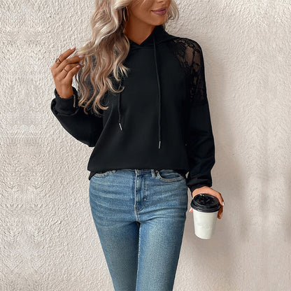 Damen Hoodie Spitzeneinsätze Lässiger Schnitt Grau Eveloria