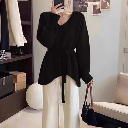 Damen Strickjacke V-Ausschnitt Taillengürtel Eveloria