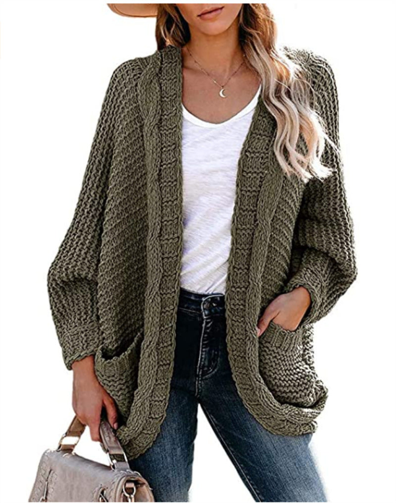 Damen Grobstrick-Cardigan Lässig Voluminöse Ärmel Beige