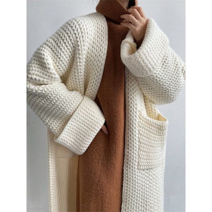 Damen Longcardigan Praktisch Mit Taschen und Zopfmuster Beige