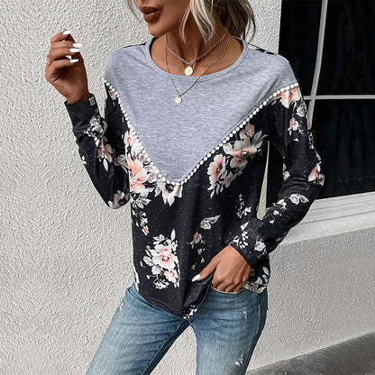 Damen Sweatshirt Floralmuster V-Ausschnitt Rüschen Elegant