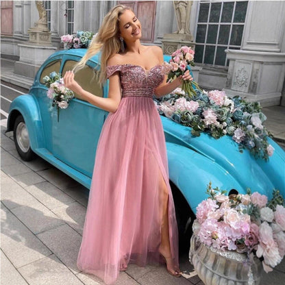 Damen Abendkleid Schulterfrei Glitzernd Eveloria