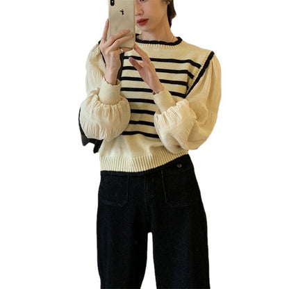 Damen Streifenpullover Puffärmel Rippdetails Eveloria
