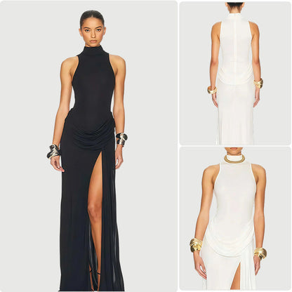 Damen Abendkleid Lang Wasserfallausschnitt Schlitz Schwarz Eveloria - Eveloria