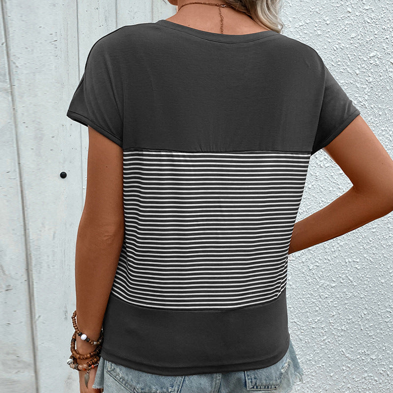 Damen V-Ausschnitt T-Shirt Gestreift Baumwolle Weiß/
