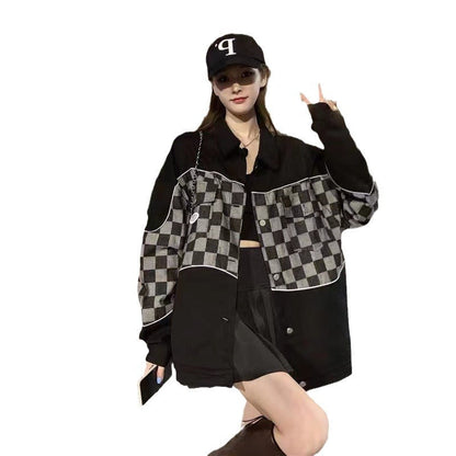 Damen Oversize Hemdjacke Schachbrettmuster Eveloria