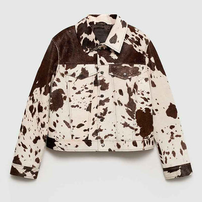 Damen Kuhfleck-Jacke Reverskragen Druckknöpfe Braun