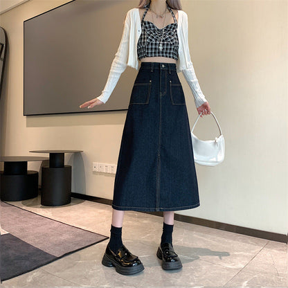 Damen Denim-Rock Lang Mit Taschen Blau Eveloria
