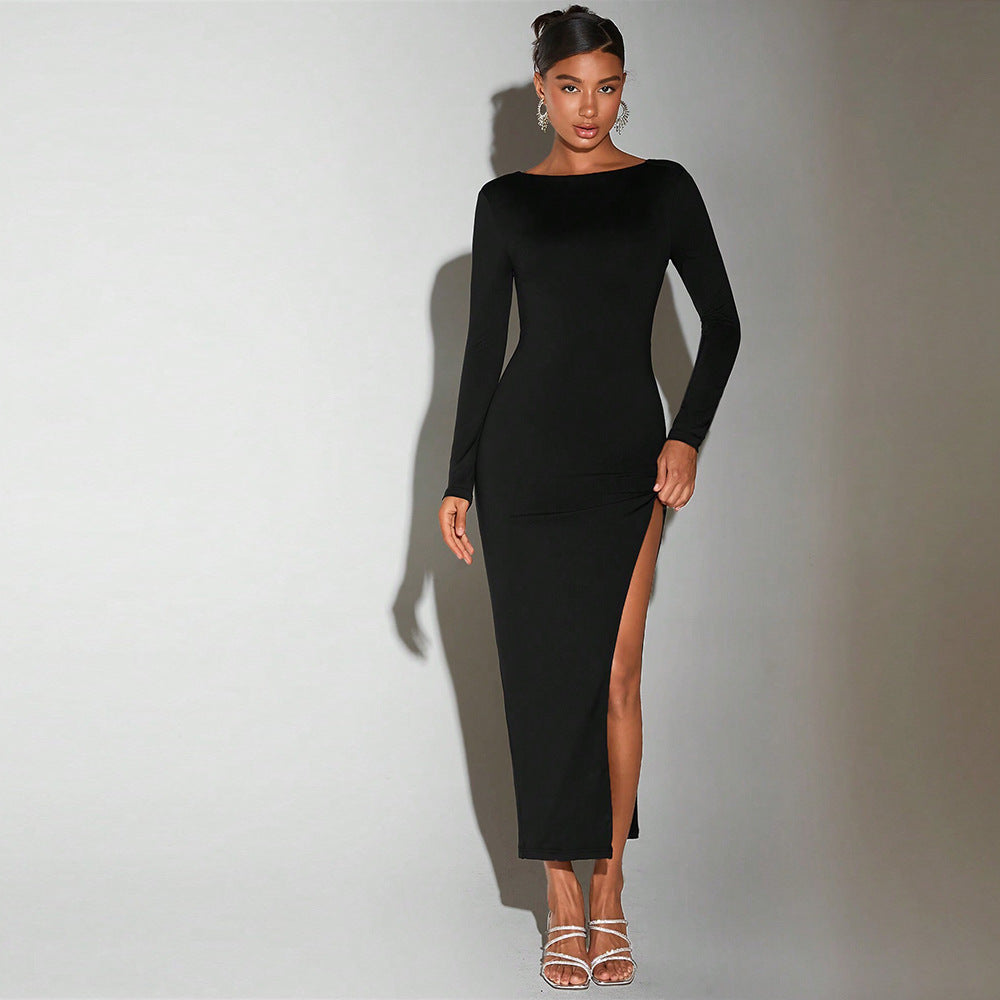 Damen Maxikleid Langarm Elegant Schlitz Eveloria
