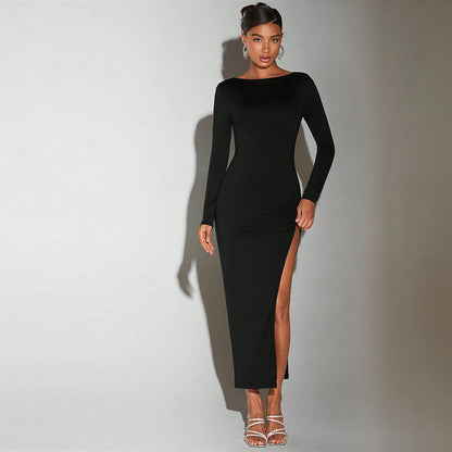 Damen Maxikleid Langarm Elegant Schlitz Eveloria