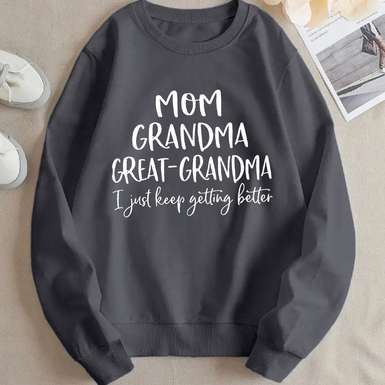 Damen Sweatshirt Familienaufdruck Bequem Grau Eveloria