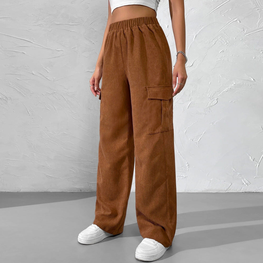 Damen Cargohose Samt Elastischer Bund Beige - Eveloria