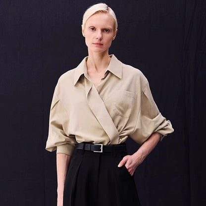 Damen Oversized Bluse Wickeloptik Baumwolle Beige - Eveloria