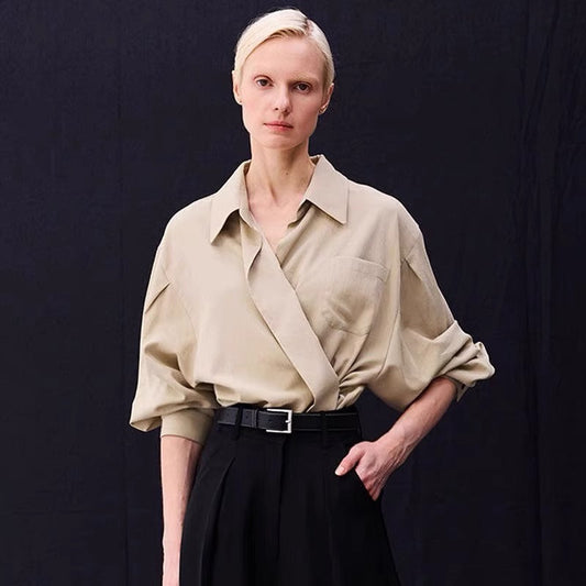 Damen Oversized Bluse Wickeloptik Baumwolle Beige - Eveloria