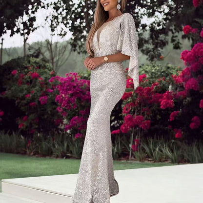 Damen Abendkleid Glitzernd V-Ausschnitt Flügelärmel Eveloria
