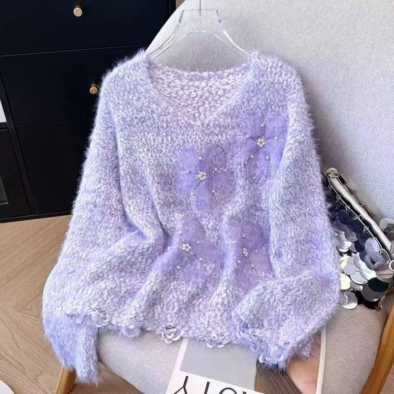 Damen Pullover Kuschelfleece Floralmuster Beige
