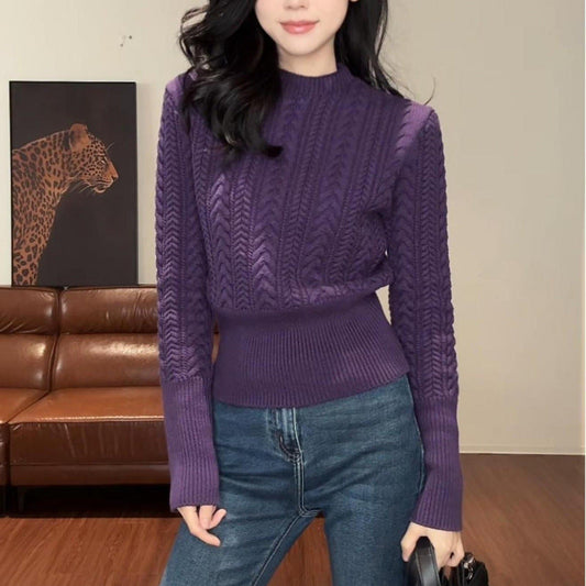 Damen Grobstrickpullover Rundhalsausschnitt Höher Bund Eveloria - Eveloria