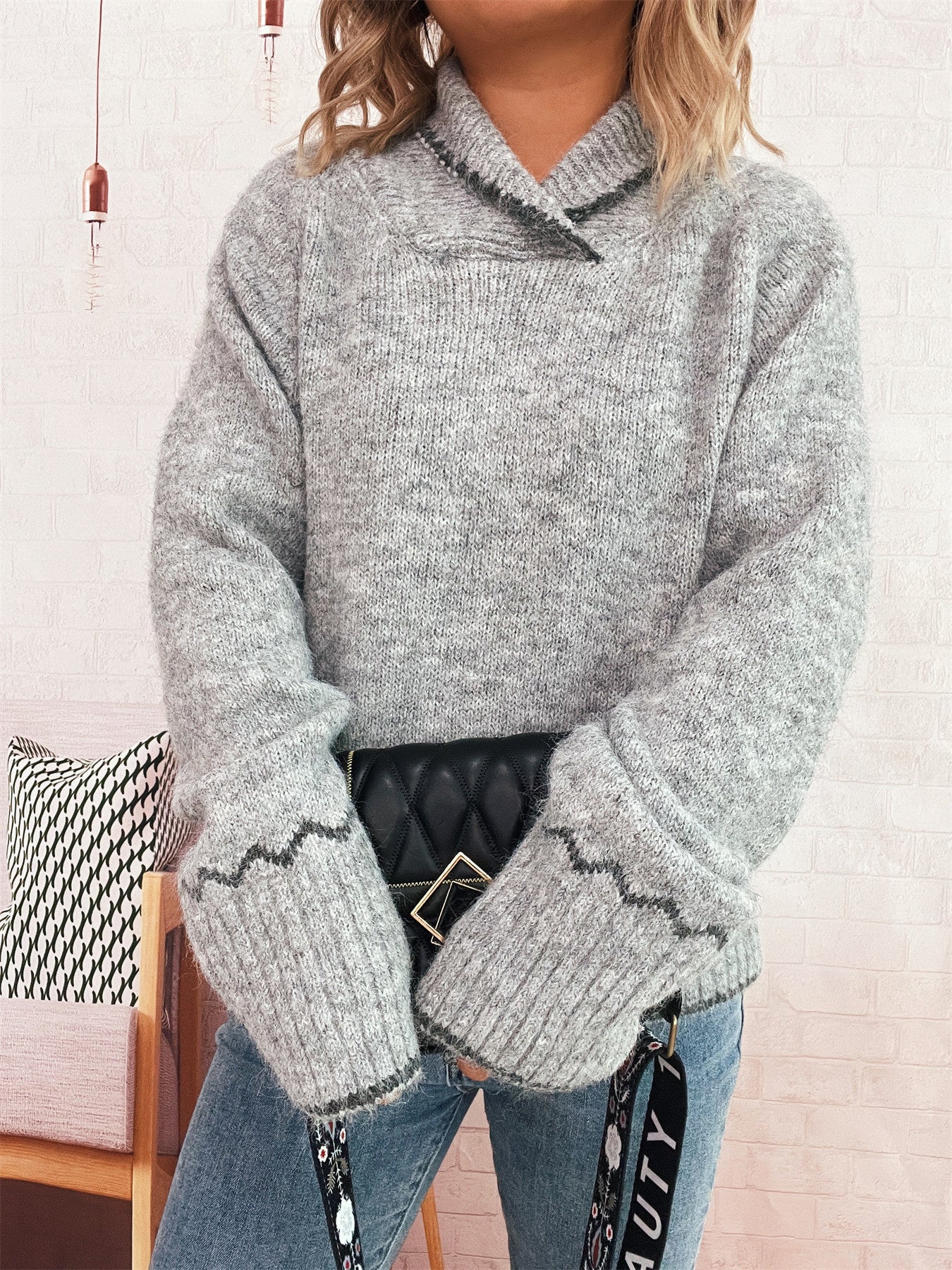 Damen Strickpullover Kuschelfleece Wellenrand
