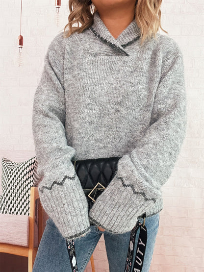 Damen Strickpullover Kuschelfleece Wellenrand