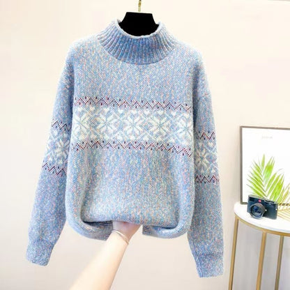 Damen Rollkragenpullover Nordisches Muster Kuschelig Grau Eveloria