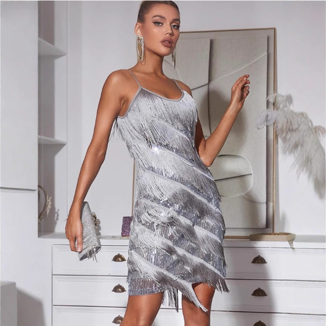 Damen Minikleid mit Paillettenbesatz und Fransen