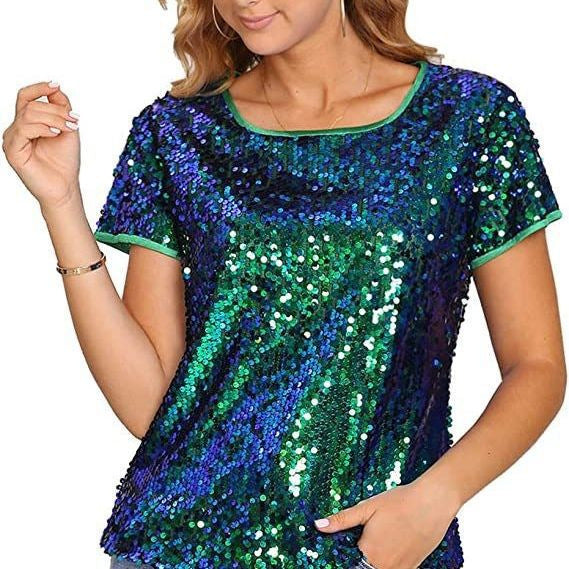 Damen T-Shirt aus Baumwolle mit Pailletten Glitzer Effekt Lässig - Eveloria