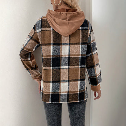 Damen Kapuzenpullover Kariert Patchwork Baumwolle