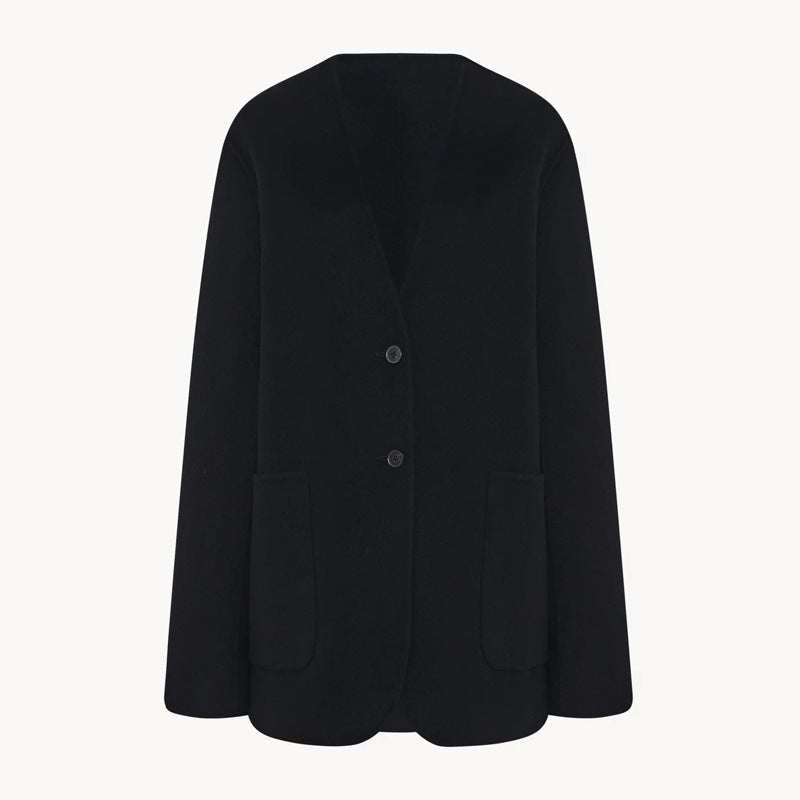 Damen Strickblazer Elegant Großes Revers Praktische Taschen Eveloria
