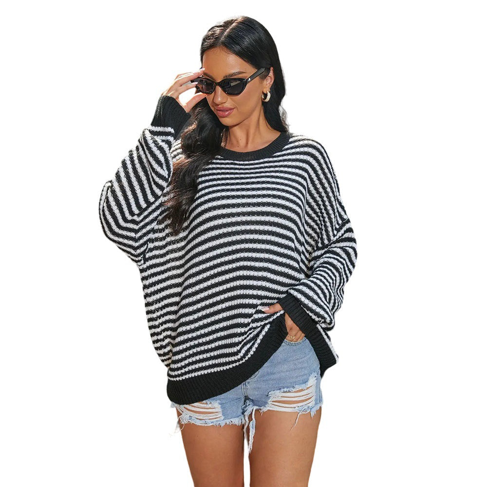 Damen Oversized Streifenpullover Weites Design Lässig Grau