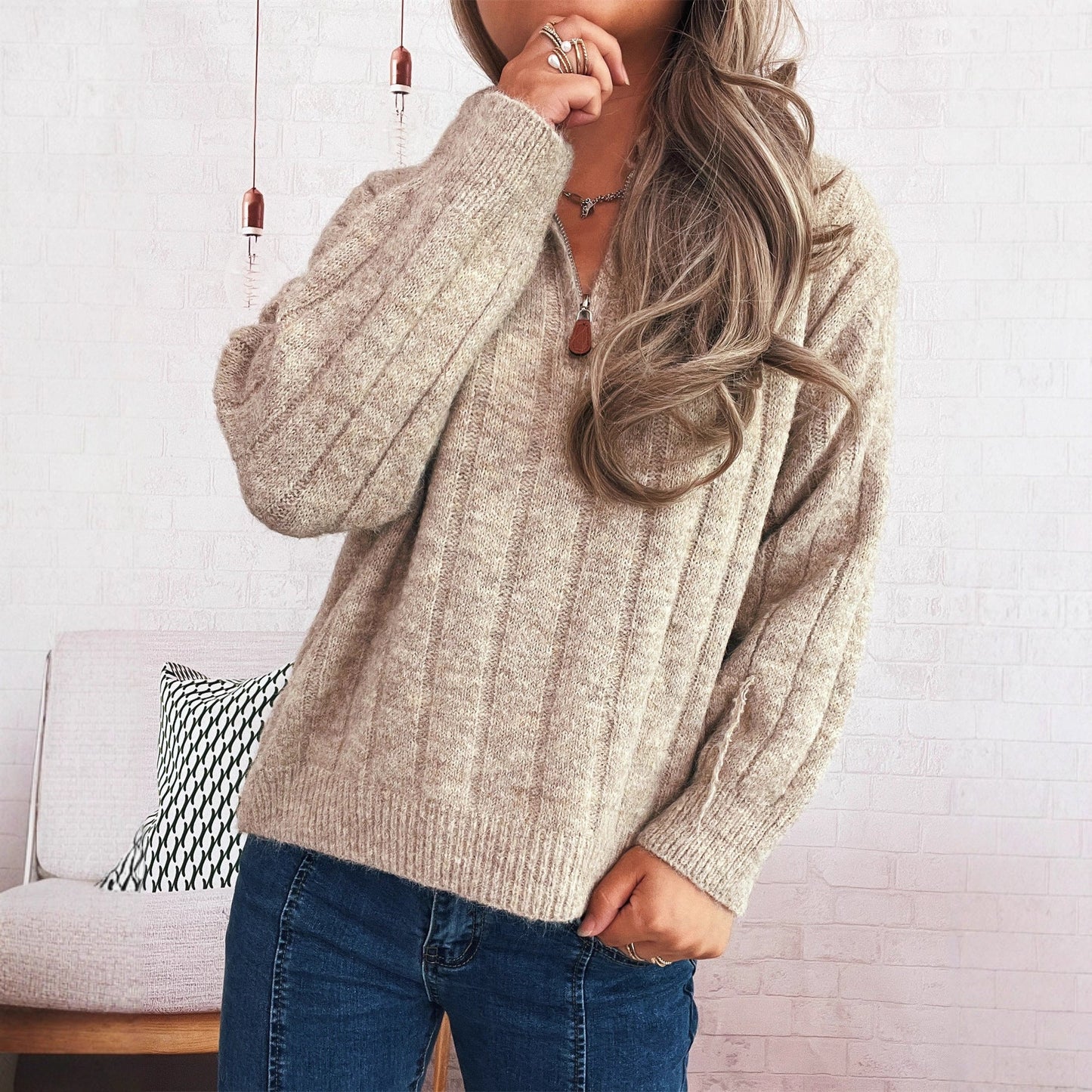 Damen Pullover Stehkragen Kurzärmel Eveloria