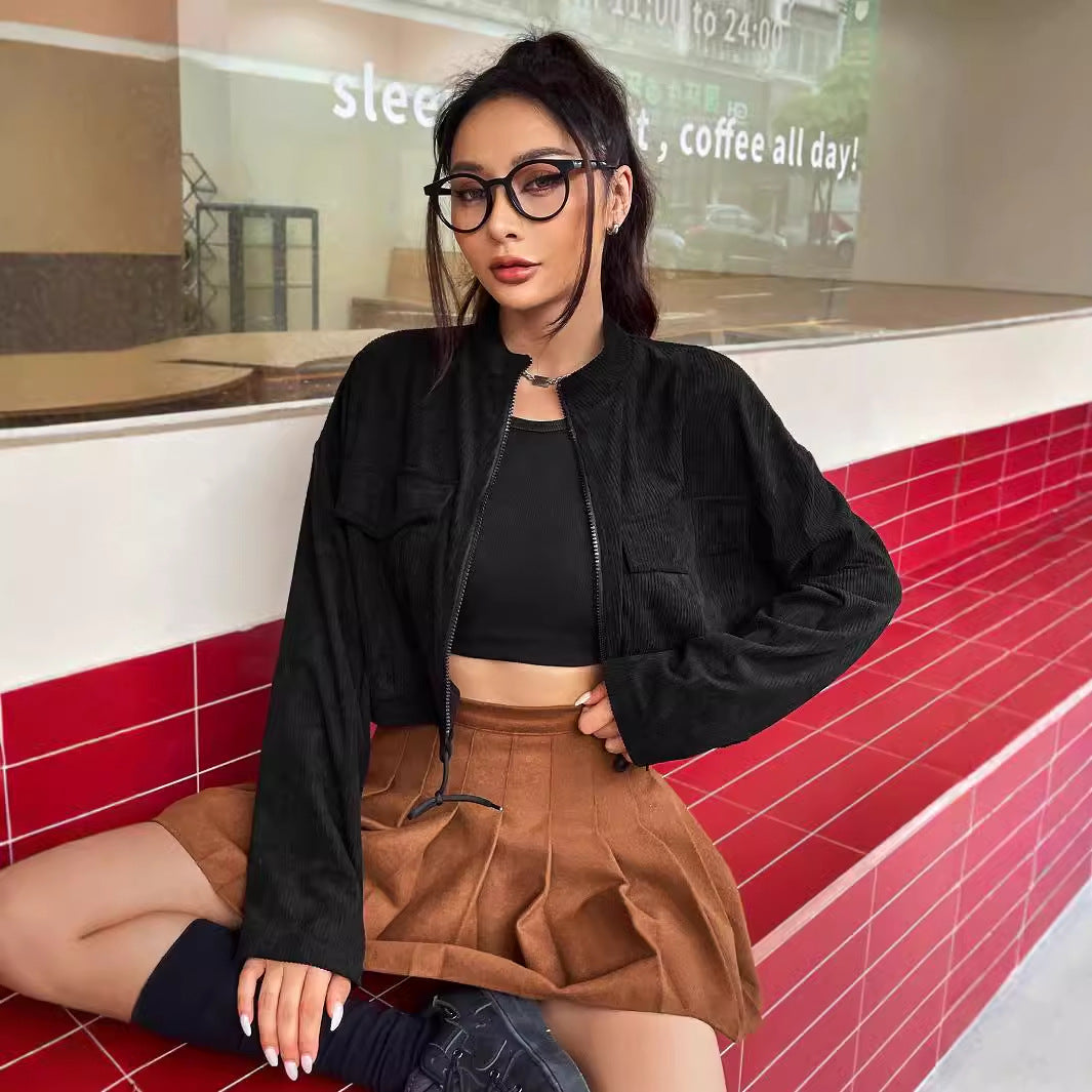 Damen Cordjacke Kurz Praktische Taschen Lässiger Schnitt Braun