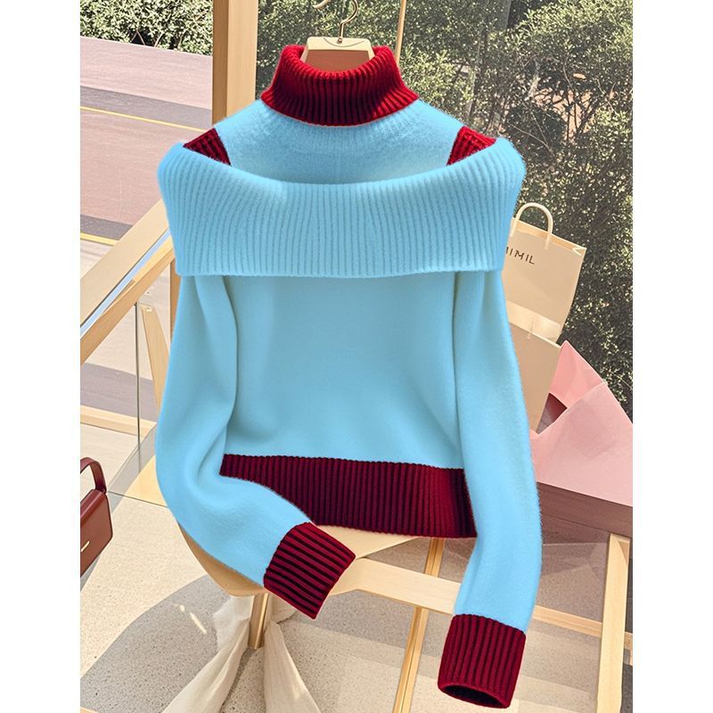 Damen Pullover Weit Stehkragen Dekorativer Farbkontrast Eveloria