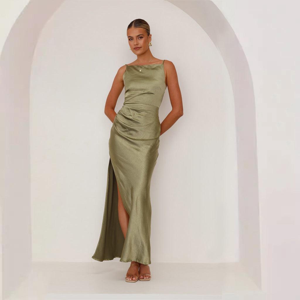 Damen Satin Maxikleid mit Raffungsausschnitt und Seitenschlitz