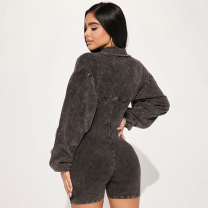 Damen Jumpsuit Puffärmel Rippstruktur Eveloria