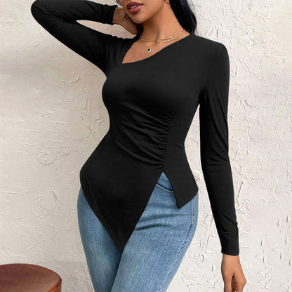 Damen Langarmshirt Asymmetrisch Raffung Eveloria