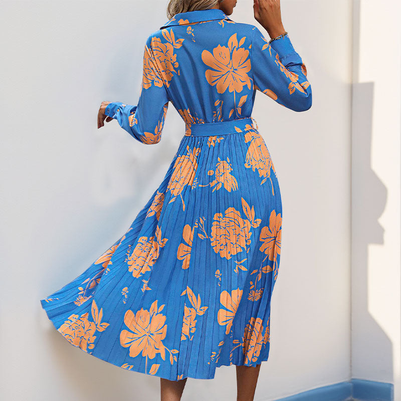 Damen Maxikleid Blumenmuster Taillengürtel Eveloria