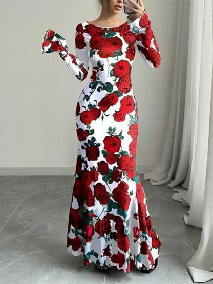 Damen Maxikleid mit Rüschendetails und langem Arm Floral Eveloria