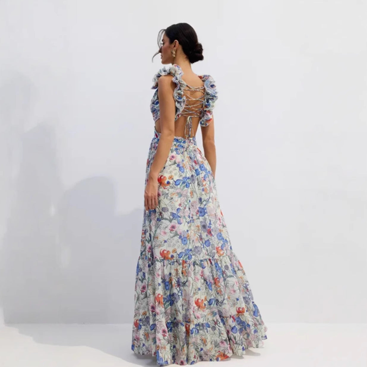 Damen Maxikleid Floralmuster Rüschen