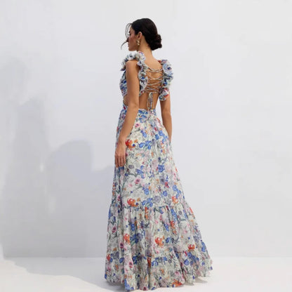 Damen Maxikleid Floralmuster Rüschen