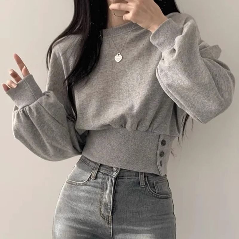 Damen Cropped Sweatpullover Puffärmel Eveloria