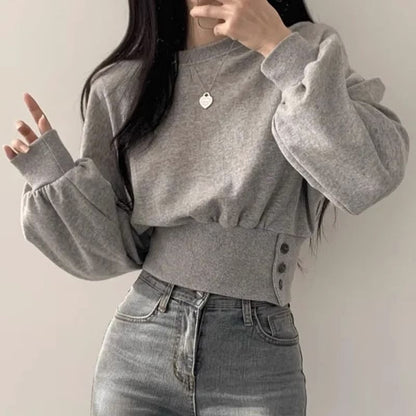 Damen Cropped Sweatpullover Puffärmel Eveloria