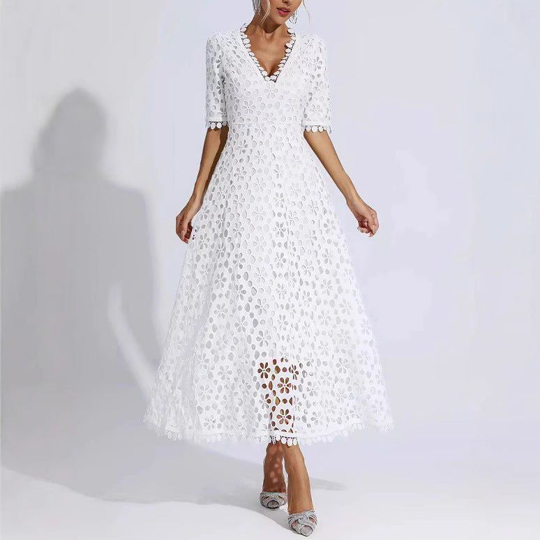 Damen Midi Kleid Floral Stickerei V-Ausschnitt - Eveloria