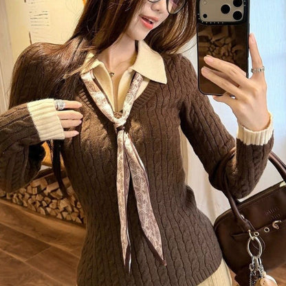 Damen Strickpullover mit Hemdkragen und Krawatte Eveloria - Eveloria