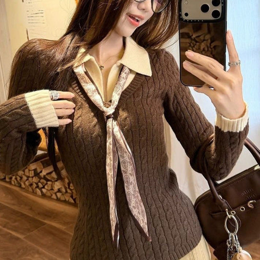 Damen Strickpullover mit Hemdkragen und Krawatte Eveloria - Eveloria